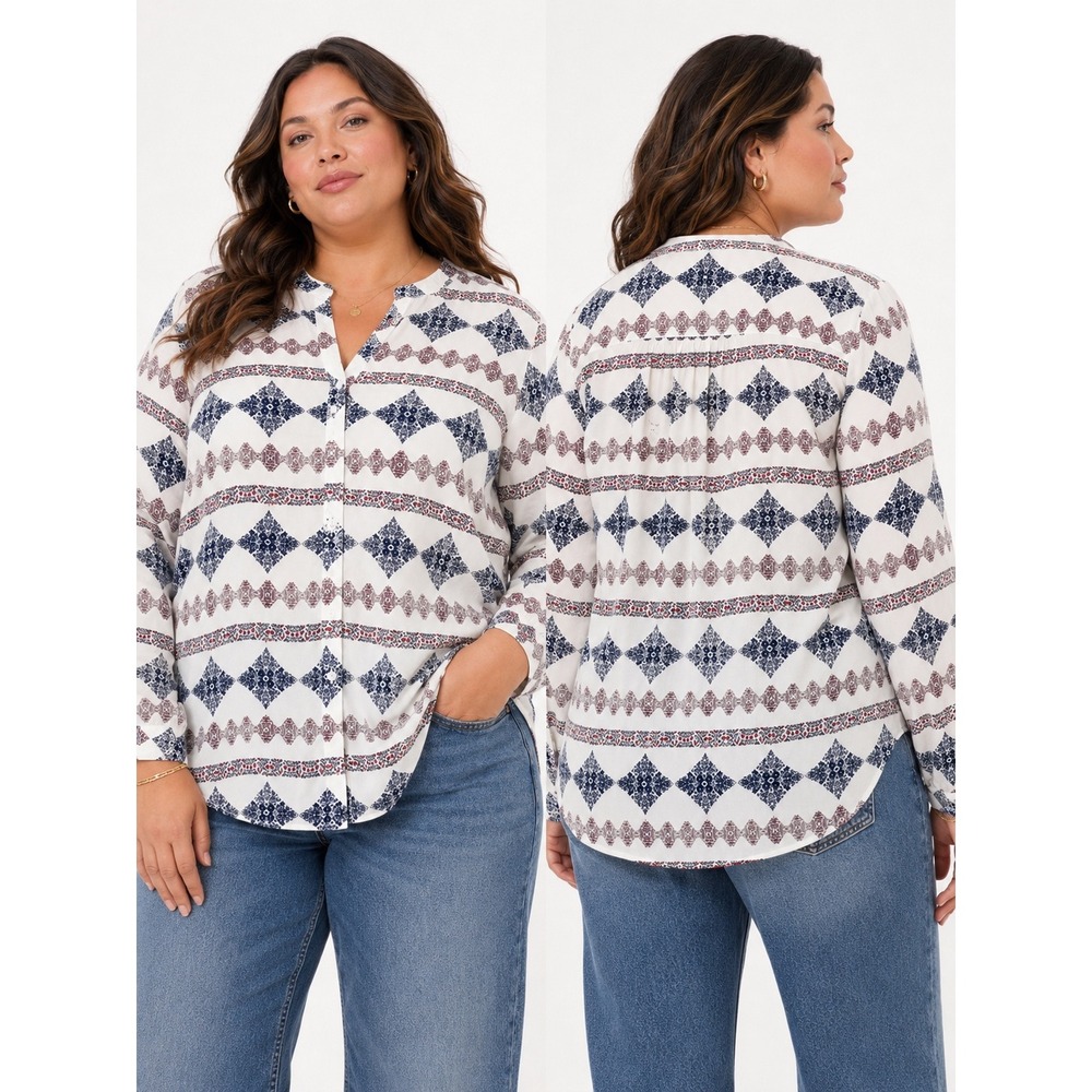 LOFT Blouse Women Large White Blue Red‎ Excellent Geometric Medallion Rayon Top